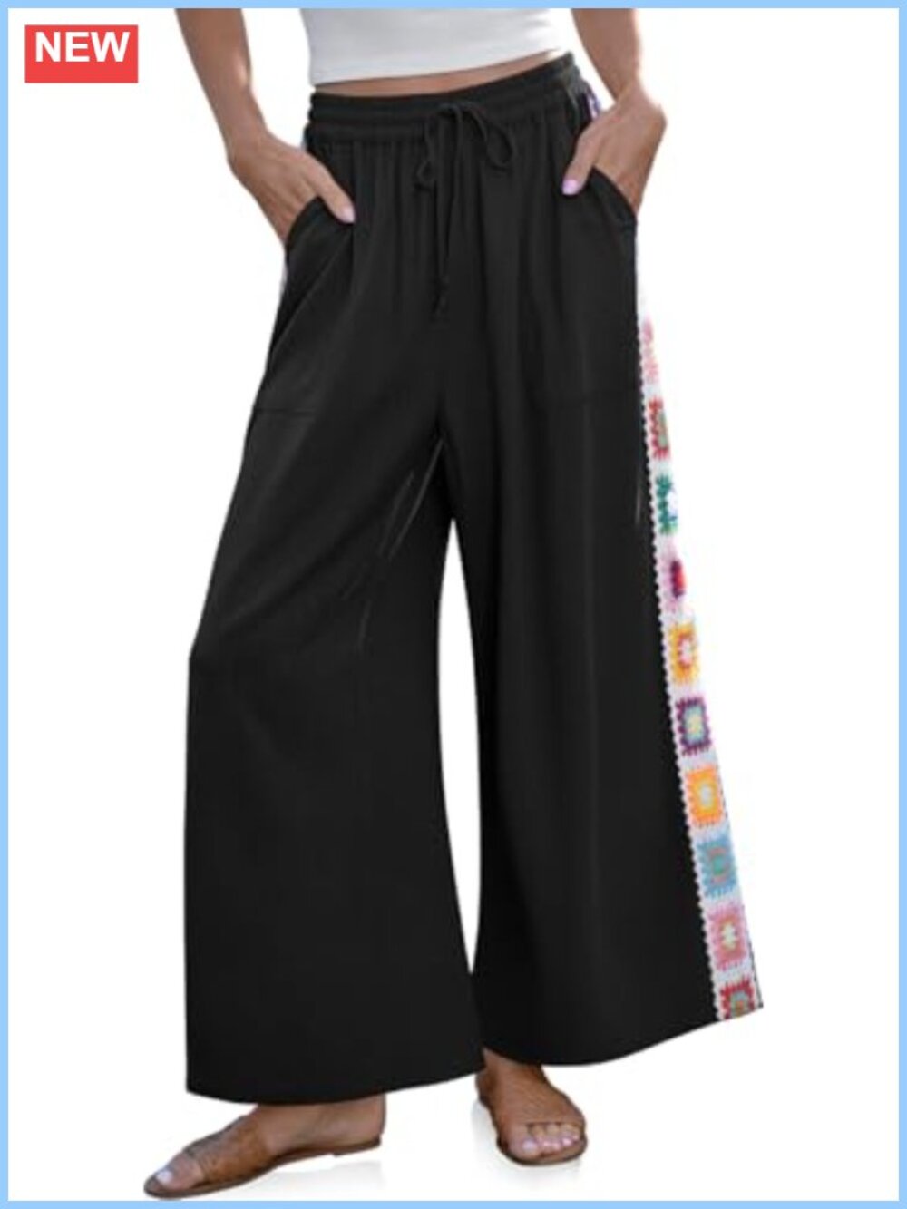 TARSE Women Wide Leg Linen Pants Crochet Drawstring Palazzo